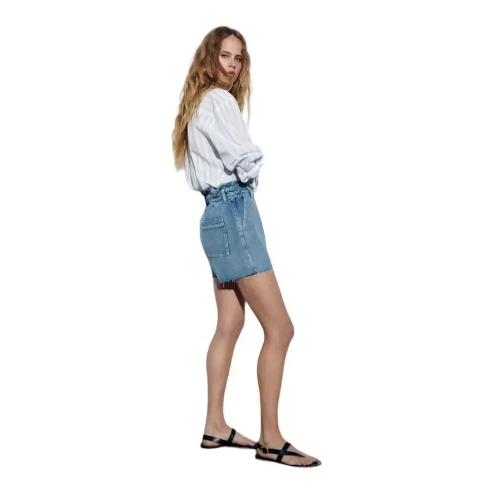 ZARA Z1975 Mid Blue High Rise Baggy Paperbag Shorts NWT Size 4